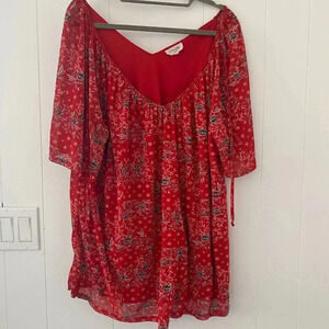 Siren Lily Red & Black Floral Blouse Women's Size 2X V-Neck Boho Style